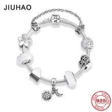 925 пробы серебряный шарм сверкающий солнце с Луной циркония Подвески из бисера браслеты для моды цветок безопасности цепи ювелирные изделия для женщин