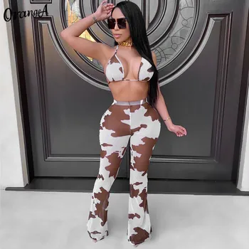 

OrangeA women sexy two piece set bra+wide leg pants digital print backless halter bandage matching set hot street slim clubwear