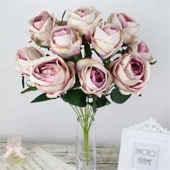 

12Pcs Fake Rose 17.72" Length Simulation Round Roses for DIY Bridal Bouquet Wedding Home Decorative Artificial Flowers