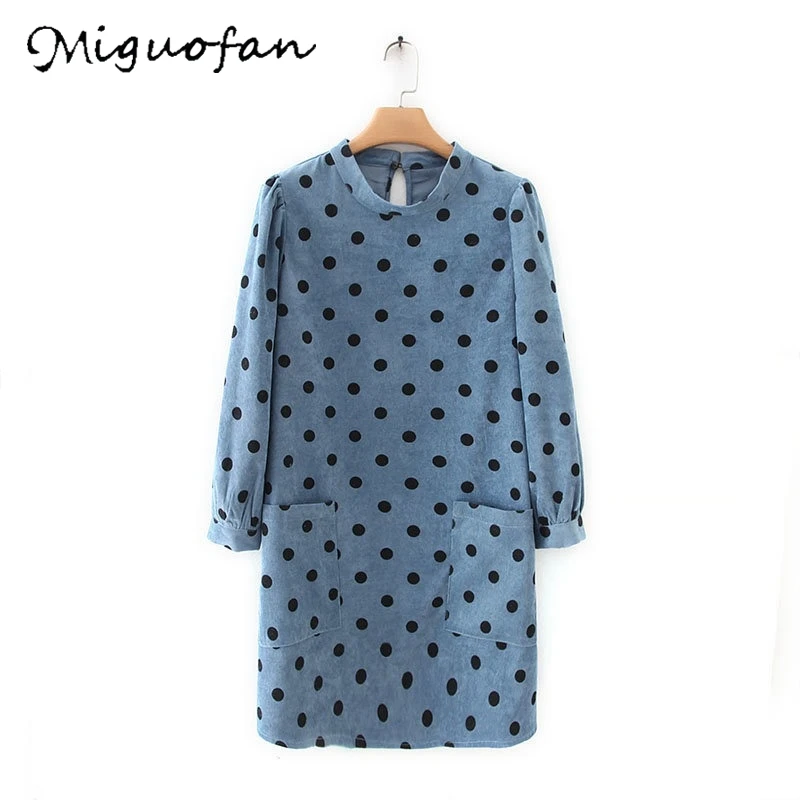 

Miguofan Corduroy dot printed dresses Women Dress Autumn elegant long sleeve pockets female vestidos casual vintage mini dresses