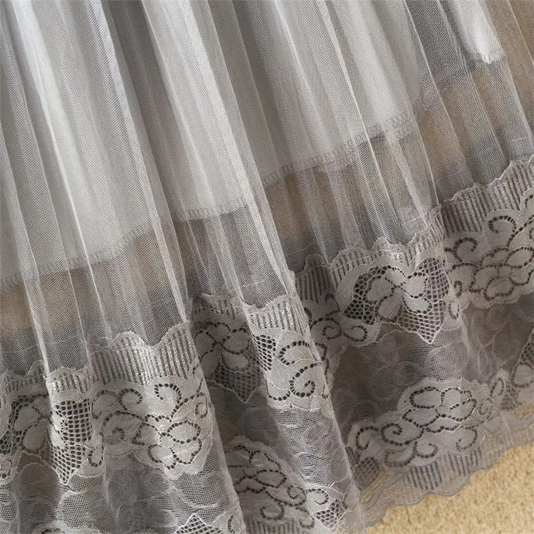 Primavera e no Saia de Malha Outono Rendas Saia Gausy Underskirt Feminino Longa Plissada Mulher Saias Mujer Faldas 10 High Quality Moda Feminina