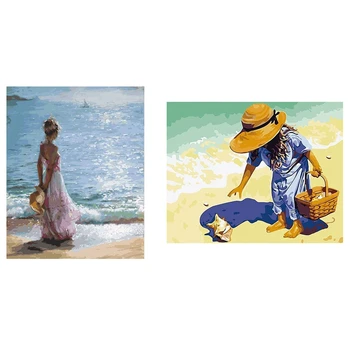 

2 Set 16X20 Inch Cute Girl Oil Painting Paint By Number Kit DIY Acrylic Oil Lovely Painting on Canvas, Blue & Pink