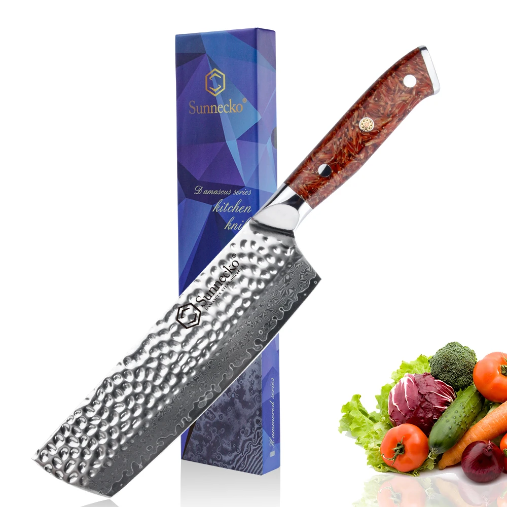 Sunnecko 7'' Nakiri Cleaver Knife Damascus Steel Hammer Blade Chef Kitchen Knives Red Chaff husk