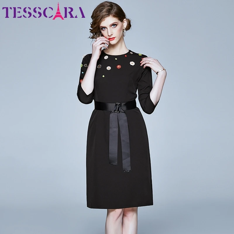 TESSCARA, женское осеннее элегантное платье с бисером, Женские Дизайнерские офисные вечерние платья, высокое качество, винтажное коктейльное платье
