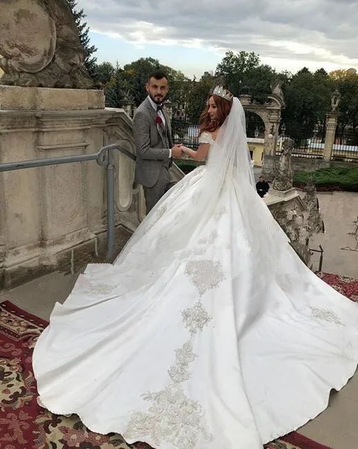 Винтажное роскошное бальное платье, свадебные платья, кружевные короткие рукава, часовня, поезд, Пятнистое свадебное платье, свадебные платья, vestido de novia