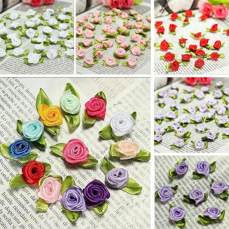 100 offary DIY ленточная Роза шелковая лента роза свадебный цветок декор повязка на голову ювелирные изделия аппликация ремесло
