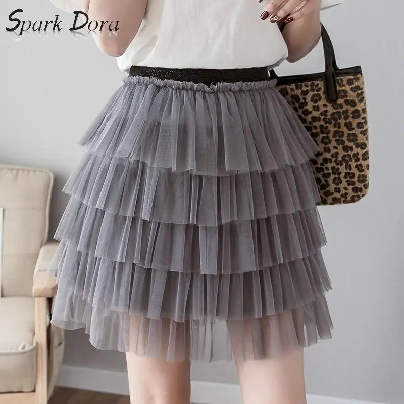 SparkDora Spring 2020 New Style Early Spring Retro Hong Kong Style High Waist Short Poncho Skirt Bottomed Half Body Mesh Skirt