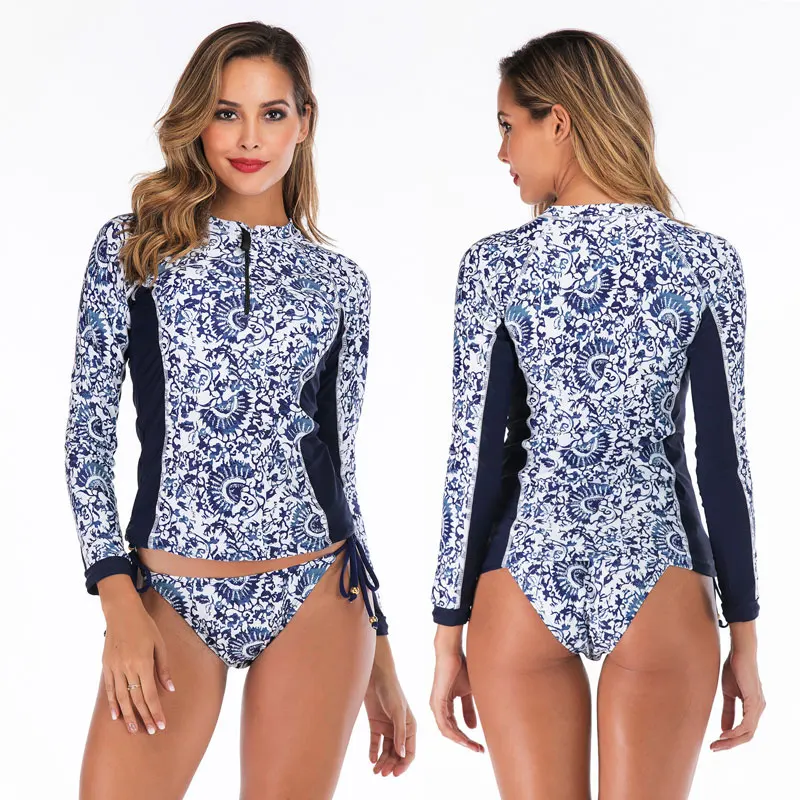 Women Long Sleeve Color Block Print Rash Guard Tankini Swimsuit Zip Up Shirt Tops With Tie Side Triangle Sun Uv Protection Bathing Suits Padded Rash Guard Aliexpress