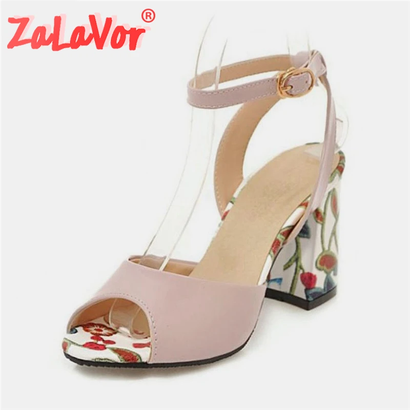 ZALAVOR Plus Size 31-46 Women Open Toe Sandals Ankel Strap Thick High Heels Shoes Fashion Print Office Club Footwear | Обувь