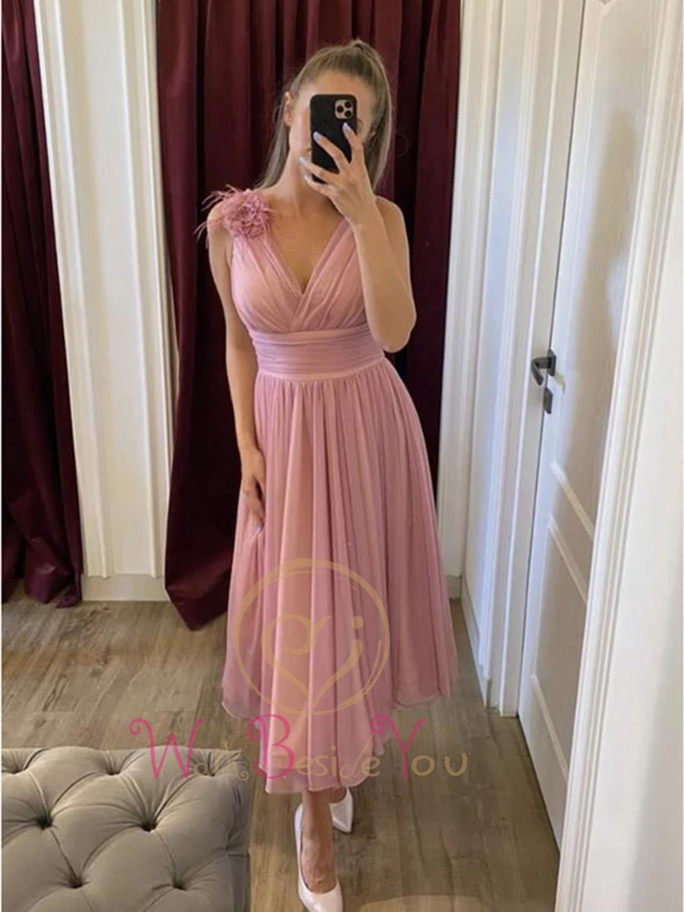 ball gown dress Walk Beside You Pink Chiffon Prom Dress 2022 Tea Length Feather Floral Pleat Sleeveless V Neck A Line Evening Gown Formal Party light blue prom dresses