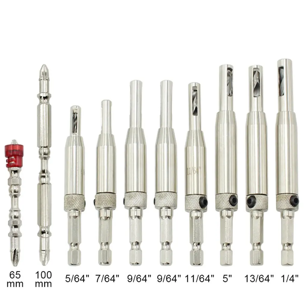 

10Pcs Hex Shank HSS Self Centering Hinge Drill Bits Set Window Doors Screw Hole Saw Woodworking Reaming Cabinet Tools