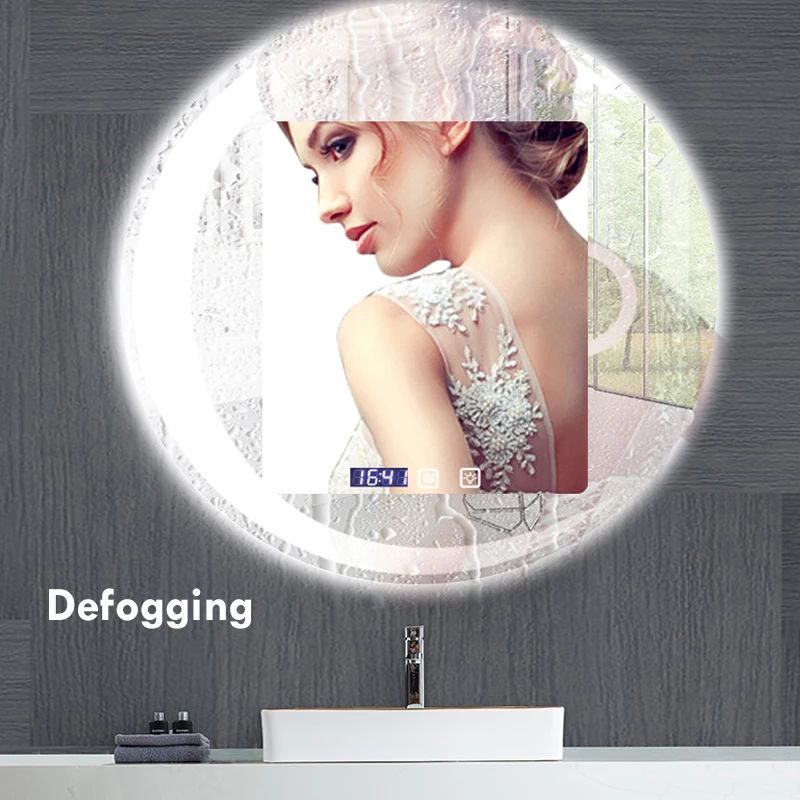 40/50/60cm Round Moon Shape Bathroom Mirror 3 Color Adjustable LED LIght With Defogging Bluetooth Speaker Smart Makeup Mirror