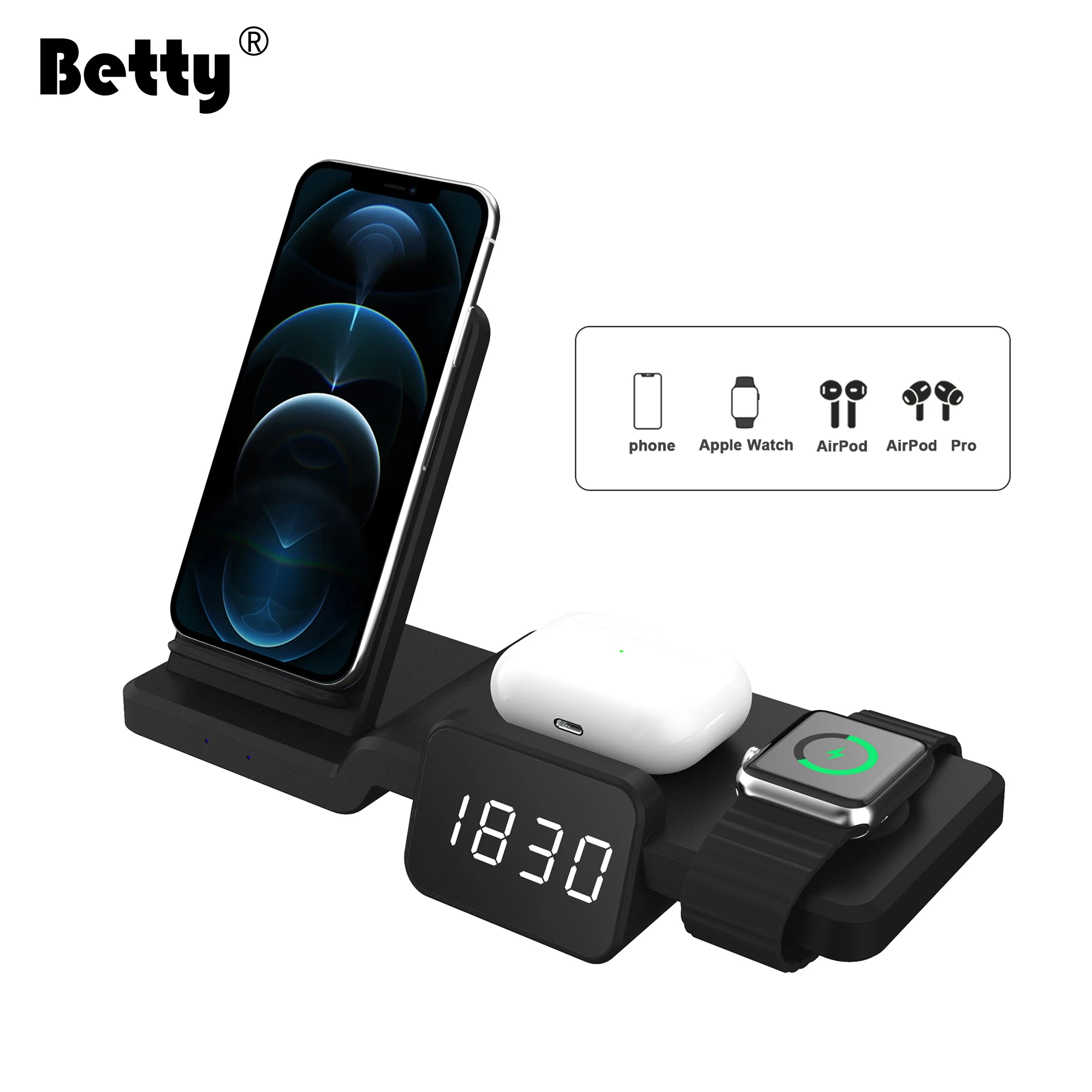 Betty Fast Wireless Charger For To Power All  5 in 1 Wireless Charging Station With Time Dispay Dock For Phone+Watch+Airpods
