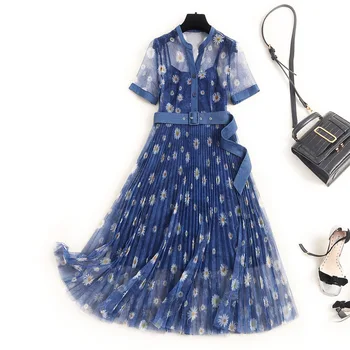 

Chiffon Bohemian Pleated Print Dress Mid-Calf Sashes Vestidos Largos De Verano Blue Women's Long Summer Dresses