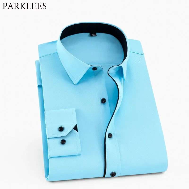 Lake blue twill Мужская рубашка для работы, брендовая, с длинным рукавом, с квадратным воротником, саржевая, мужские рубашки, Camisa Masculina, мужские рубашки, повседневные, облегающие, Chemise Homme - Цвет: Lake blue twill