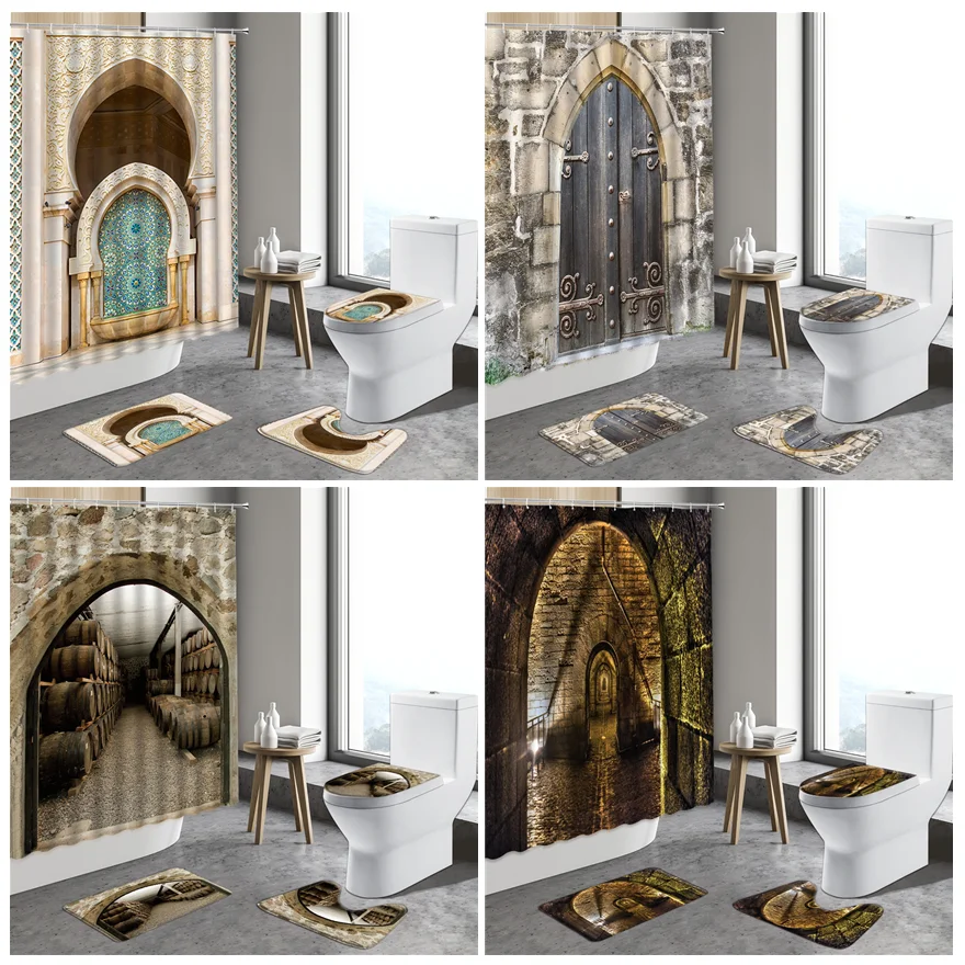 

Марокканская душевая занавеска, деревянная створка, Изогнутая Дверь, Настенный декор в восточном стиле, набор для ванной комнаты, нескользящая детская крышка, коврик для ванной