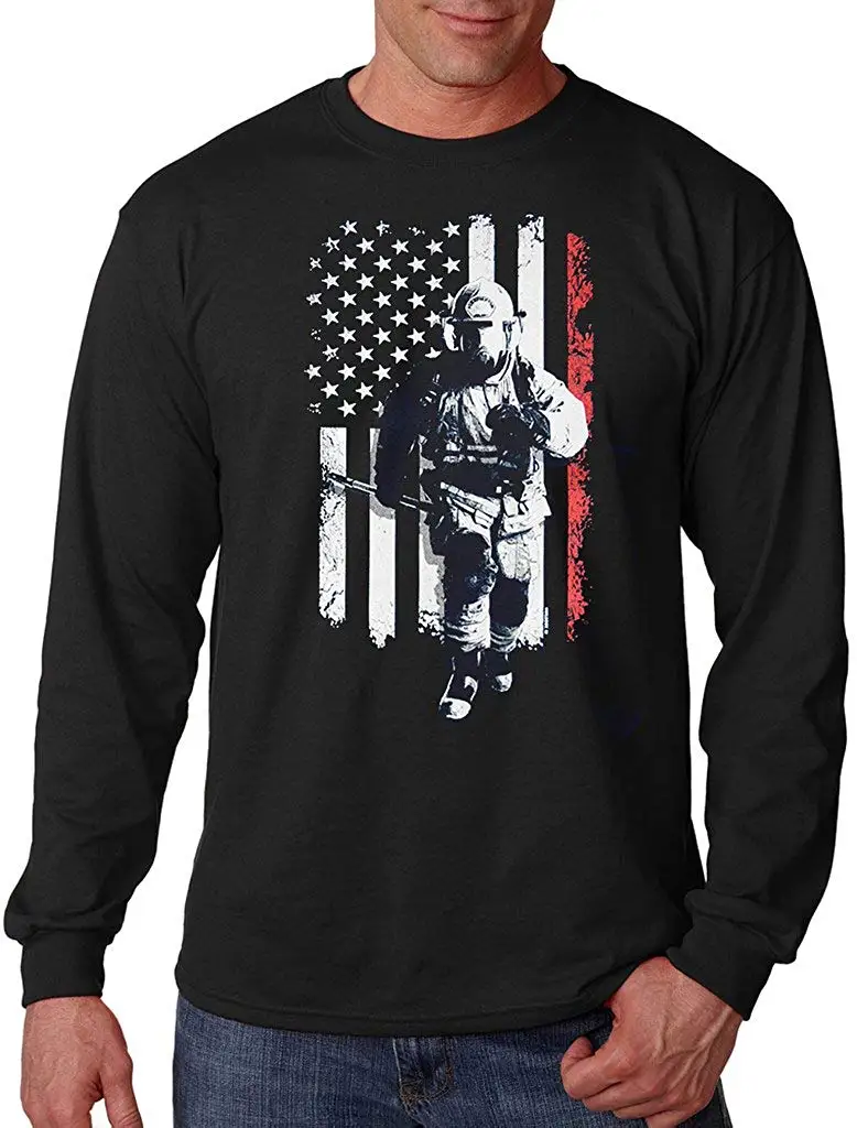Men's Firefighter Thin Red Line American Flag Black Long Sleeve T-Shirt unisex men women t shirt |