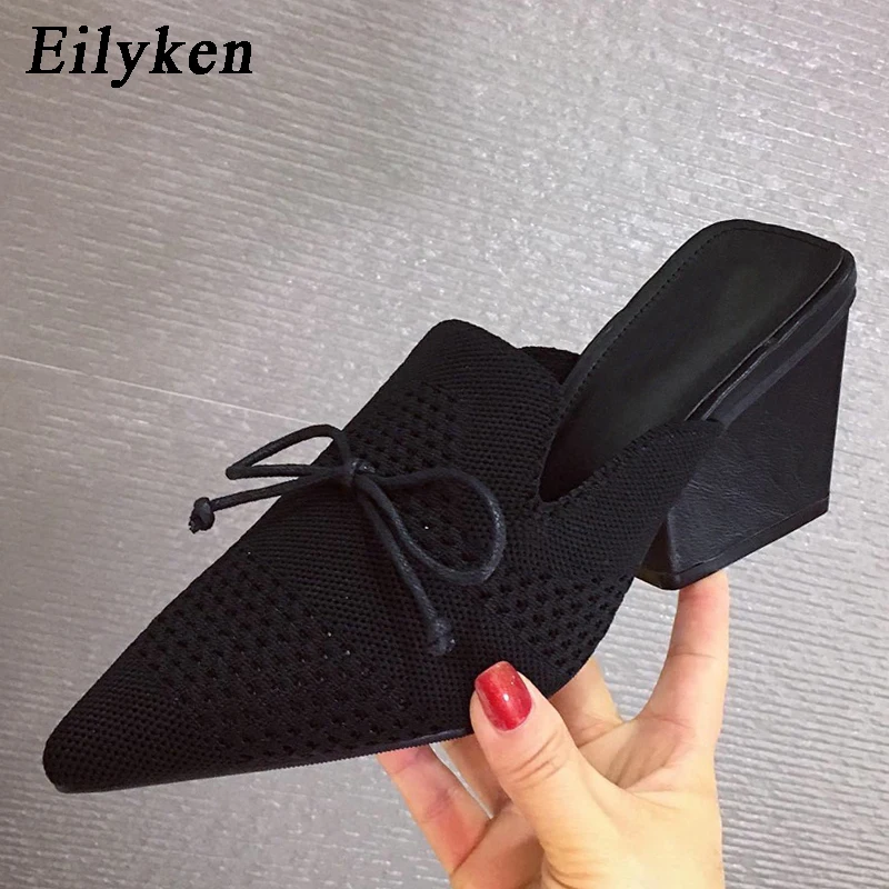 

Eilyken Fashion New Breathable Knitting Stretch Fabric Bowtie Women Slippers Pointed Toe Block Heel Lady Mules Slides Shoes