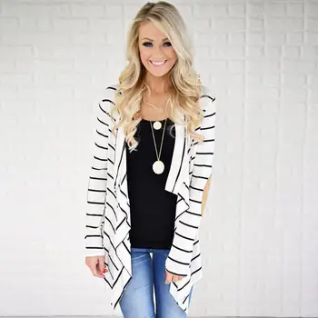 

Casual Women Stripe Cardigan Coat Fashion Front Open Loose Tops Cotton Irregular Jacket