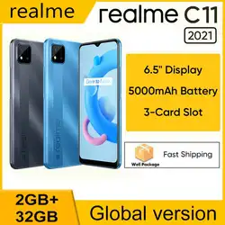 Original realme C11 2021 NFC Version mondiale 2 Go de RAM 32 Go de ROM 6,5 "8MP AI Caméra HD + 5000mAh Batterie Téléphone portable 3 fentes pour carte Téléphone 