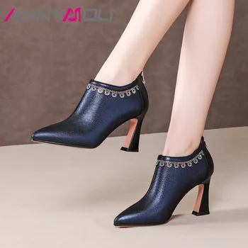 

ANNYMOLI High Heels Women Pumps Natural Genuine Leather Block High Heels Shoes Sheepskin Crystal Zipper Shoes Lady Big Size 4-10