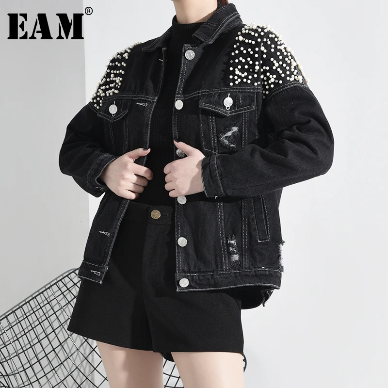 

[EAM] Loose Fit Pearl Nailed Split Joint Short Denim Jacket New Lapel Long Sleeve Women Coat Fashion Tide Spring 2020 HAA801