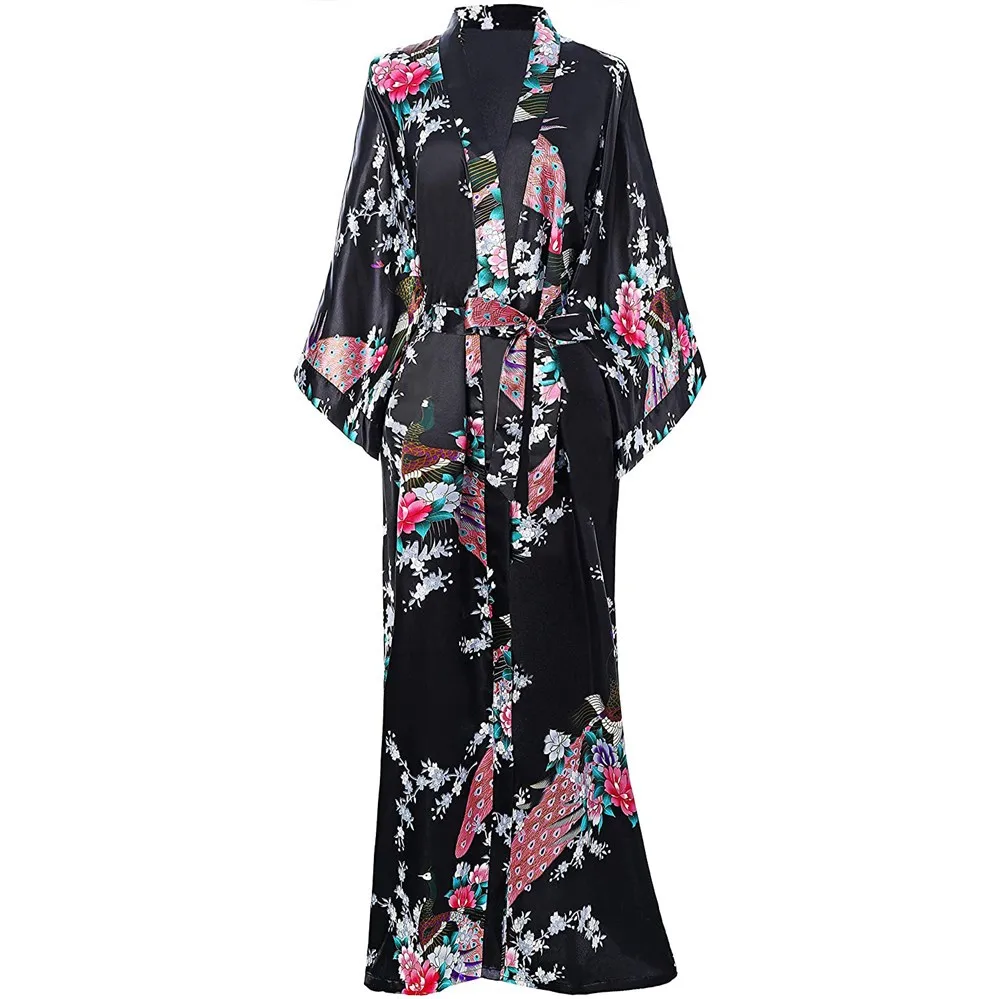 Women Long Robe Big Size Kimono Bathrobe Gown Summer Spring Nightgown Sleepwear Novelty Print Nightwear Silky Satin Home Clothes women sleepwear