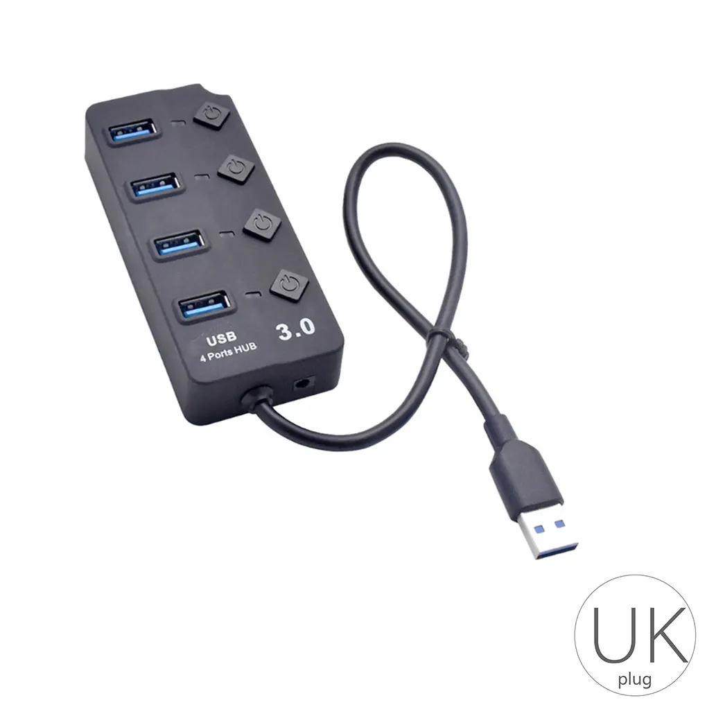 UK plug USB 3,0 концентратор разветвитель 4 порта Высокоскоростной индивидуальный переключатель включения/выключения переменного тока адаптер питания для портативных ПК - Цвет: UK plug