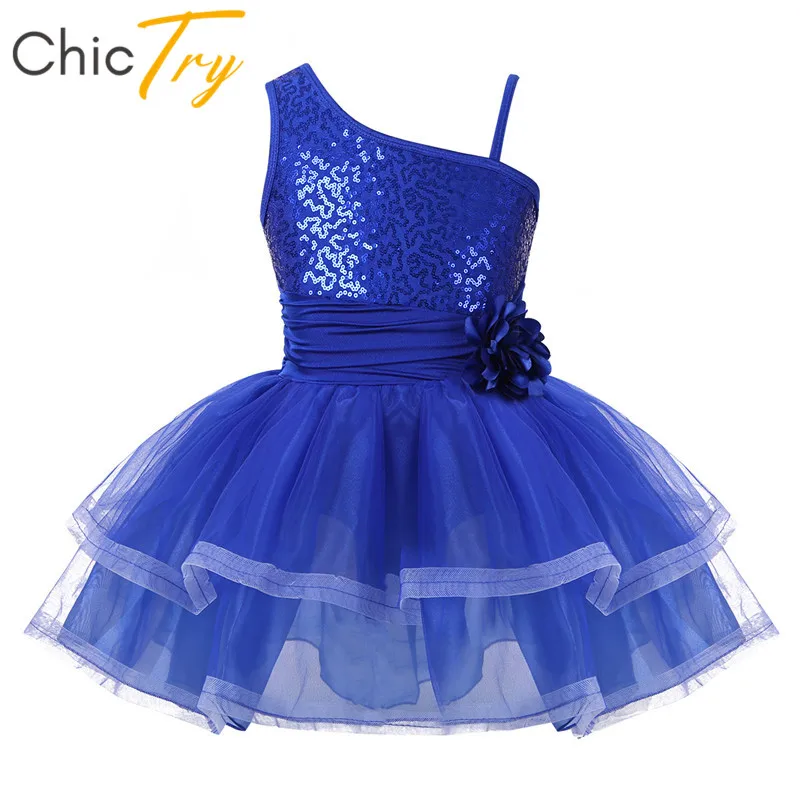 ChicTry/Детская танцевальная одежда на одно плечо блестящее Сетчатое платье-пачка с