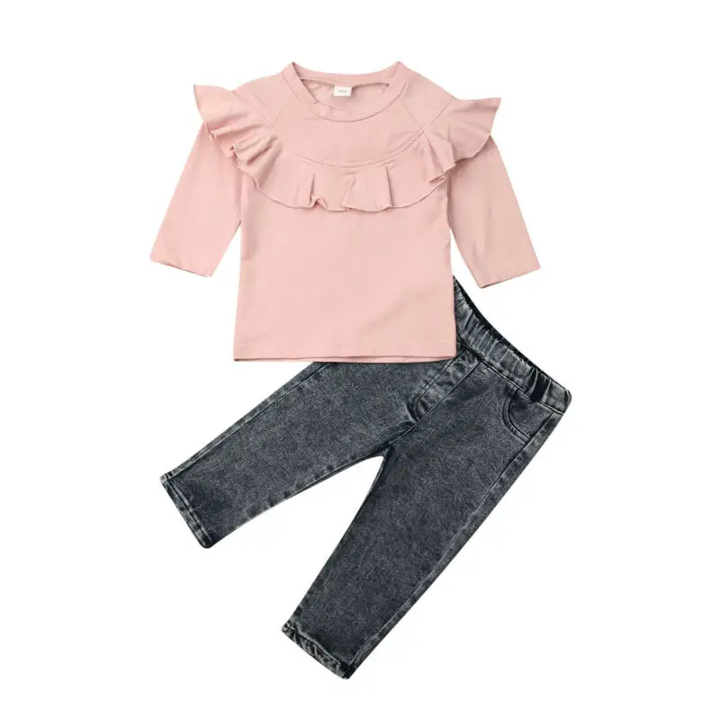  Toddler Baby Girls Autumn Outfits Long Sleeve Ruffle Solid Color Cotton Tops + Denim Pants Jeans Ca
