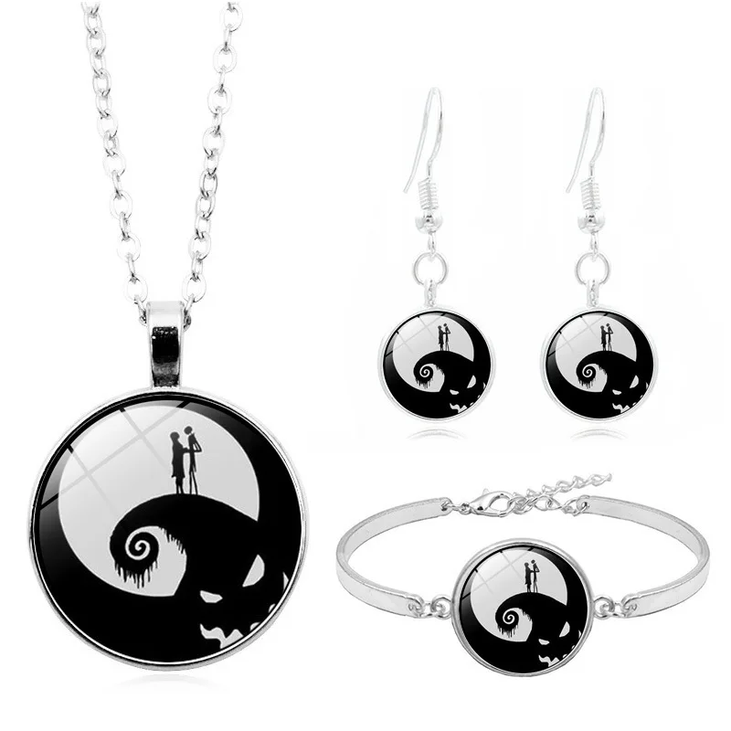 

Christmas Fright Night Jack Time Stone Necklace Set Silver Bracelets Ear Stud Jewelry Set