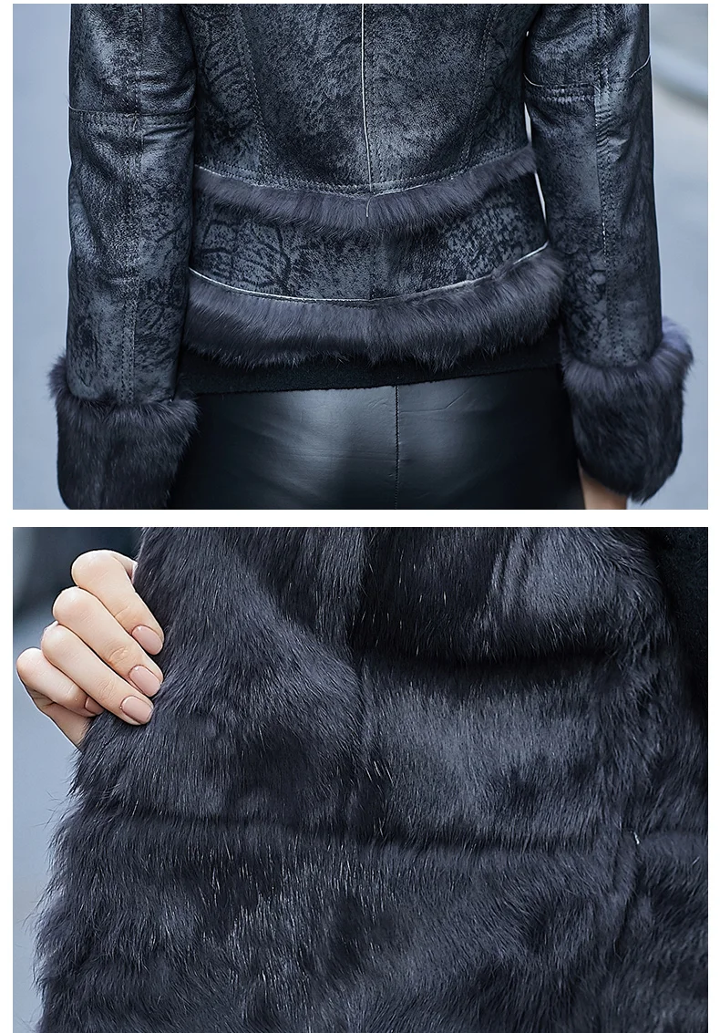 Fur coat women winter thick warm fur jacket real rabbit fur leather one piece short fur coat with real fox fur collar