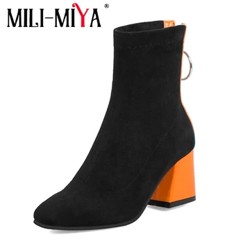 

MILI-MIYA Flock women ankle boots pointed toe square heel zip solid Plus size 48 casual fashion handmade for ladies hot sale