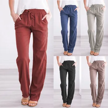 

Drawstring loose casual wide leg long pants Women Casual Cotton And Linen Solid Drawstring Elastic Waist Long Straight Pants