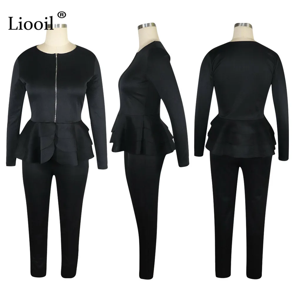 Liooil, черный, белый, комплект из двух предметов, с рюшами, вечерние, для клуба, наряд для женщин, Осень-зима, с длинным рукавом, на молнии, сексуальное пальто и брюки-карандаш
