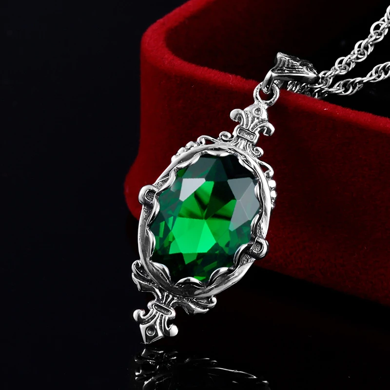 

Sterling Silver Pendants Women Vintage Flower Carved Emeral Gemstone Pendant Classic Elegance Nobility Style Gothic Jewelry New
