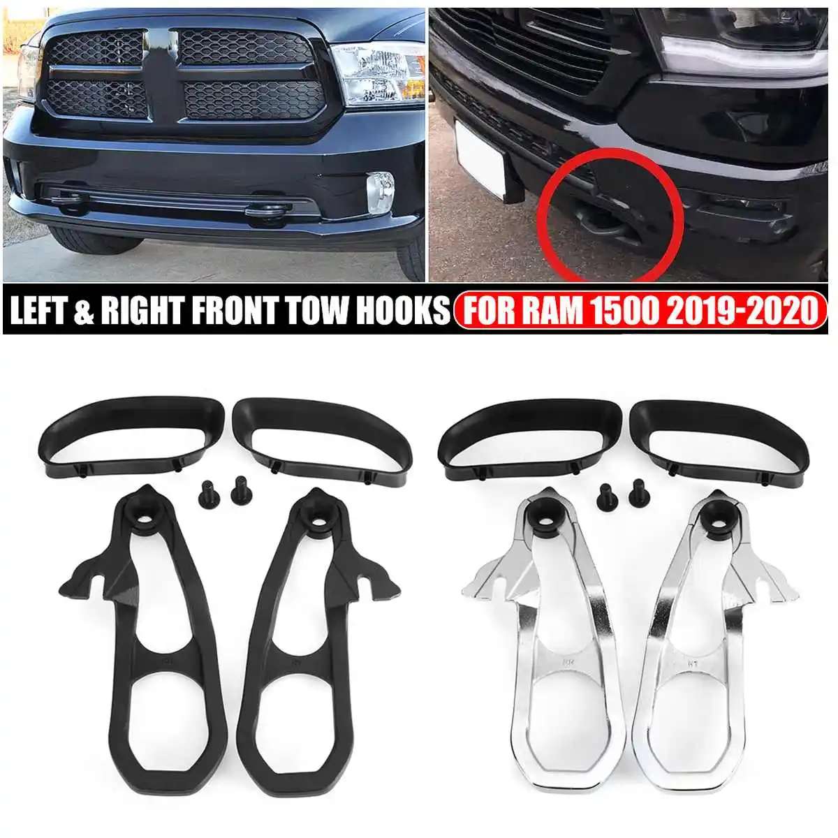 Tow Hooks with Hardware Front Left & Right 68272944AB 68272945AB 68265144AA  82215268 for Dodge Ram 1500 3.6L 5.7L 2019-2020