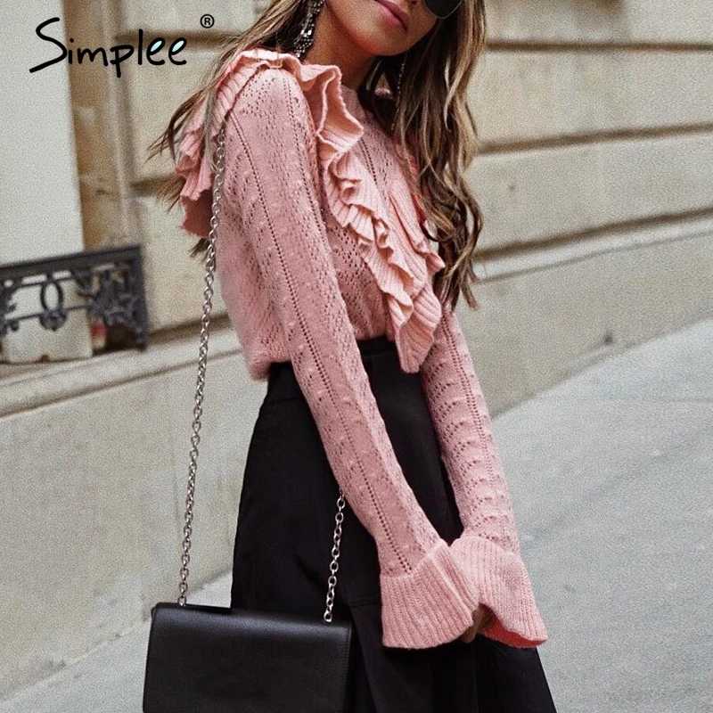 Женский вязаный свитер Simplee с рюшами полый облегающий пуловер круглым вырезом