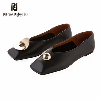 

Prova Perfetto 2020 Square Toe Shallow Leather Metal Ring Casual Single Flat Shoes Women New Spring Autumn Fashion causal shoes