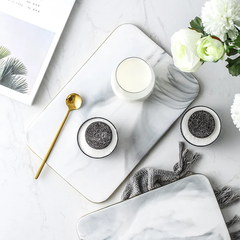 Marble Ceramic Cutting Board with Glod Rim, Kitchen, Sushi, Bread, Cheese Serving Board, Rectangular Plate, Storage Tray