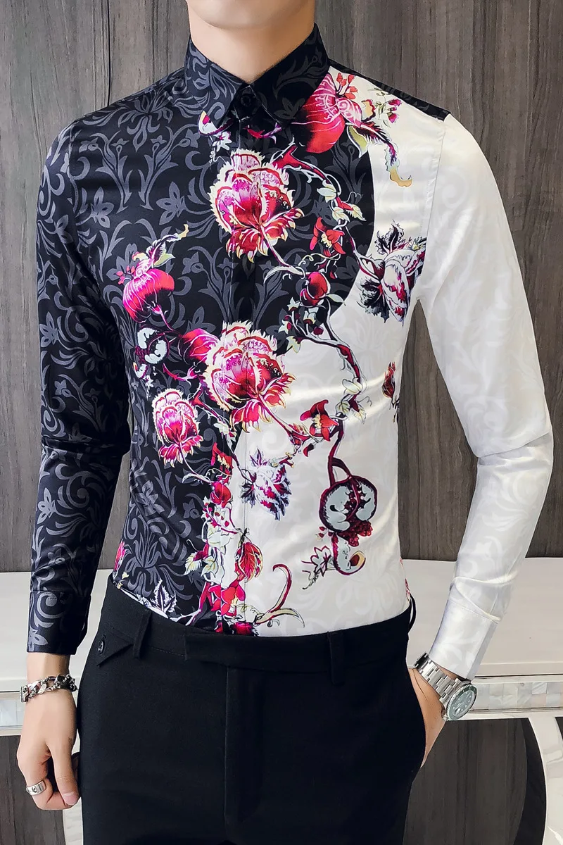 Осенняя рубашка с розами мужская длинным рукавом облегающая Необычные Рубашки