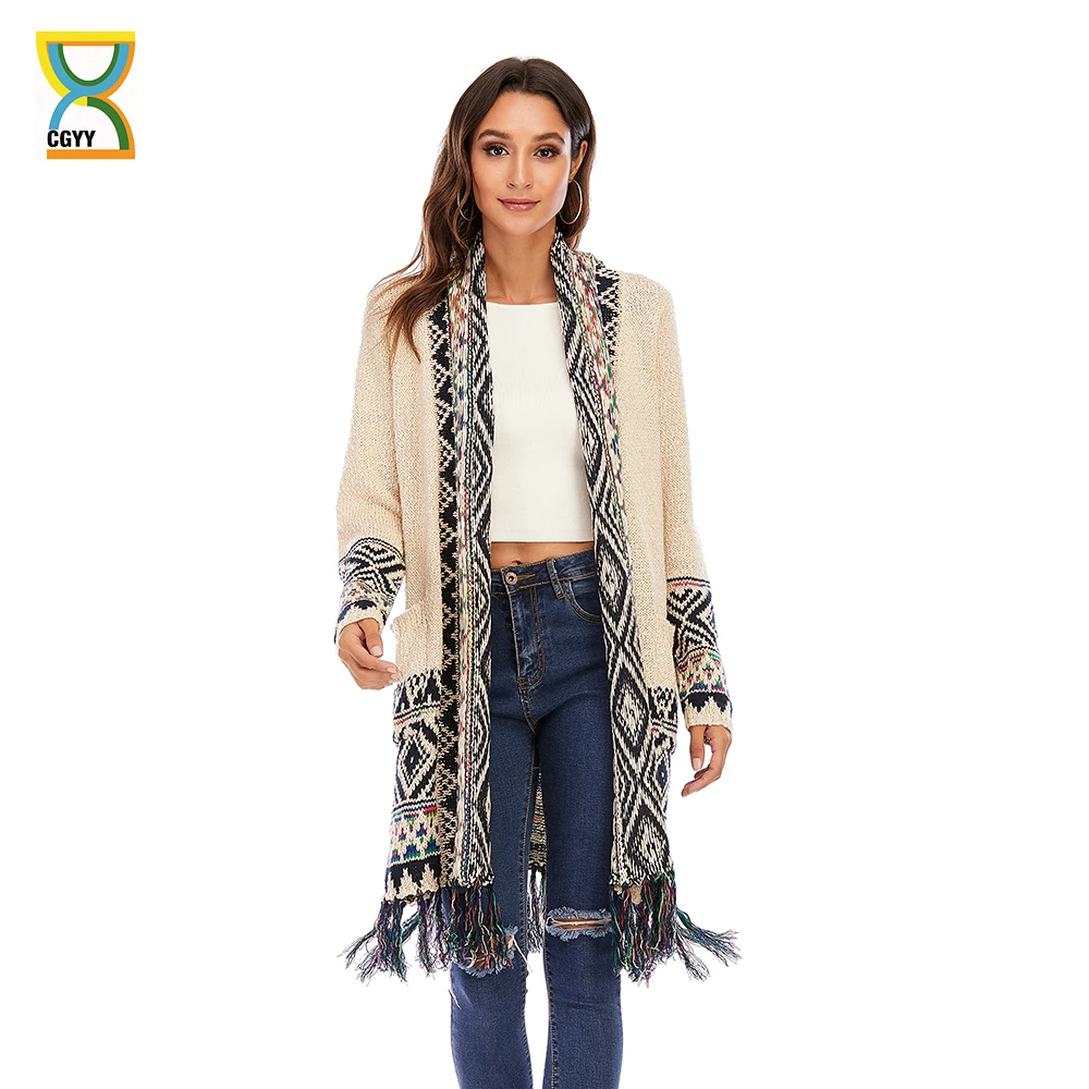 

CGYY Women's Colorful Boho Sweater White Color Knitted Open Front Autumn Winter Cardigan With Fringe Tassel And Pockets