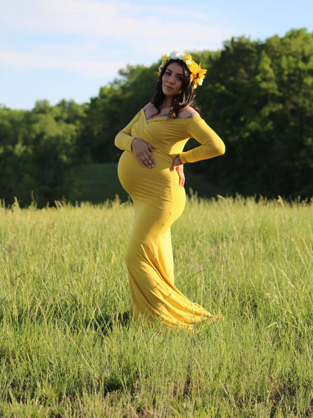Long Sleeve Maxi Maternity Dress for Photo Shoot Elegant Fitted Gown Pregnancy Dress for Baby Shower Women Photography Prop 2020