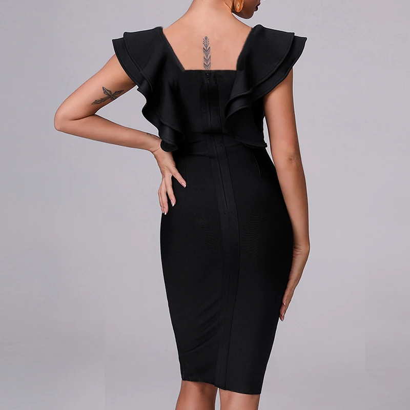 INDRESSME, новинка, женское сексуальное черное Бандажное платье, облегающее короткое платье с оборками и рукавом-бабочкой, облегающее платье с квадратным воротником, модное женское платье