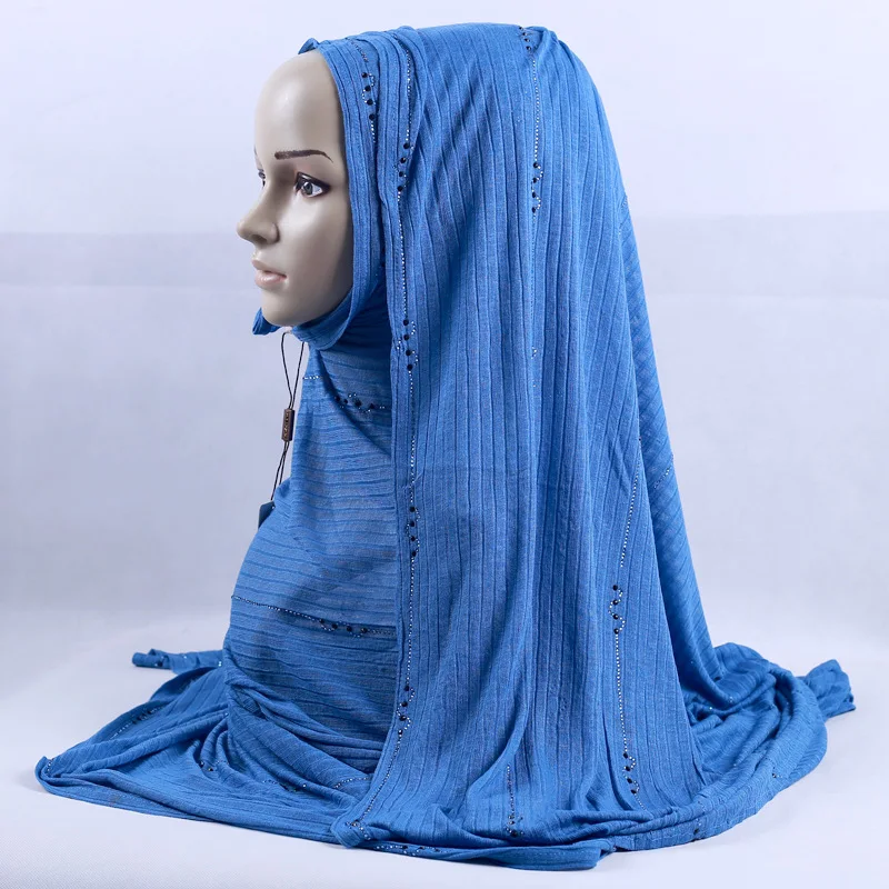 200x120 см KASHKHA брендовый вязанный Длинный Шарф чешские Стразы мусульманские хиджаб платок роскошные бриллианты в полоску завязанные головные уборы - Цвет: blue