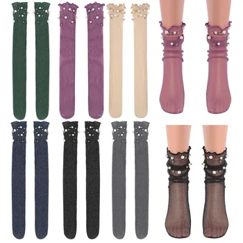 

1 Pair Womens Ladies Fashion Ultra-thin Elastic See Through Sheer Mesh Ankle Socks with Pearl-like Cuffs Slouch Socks for Spring