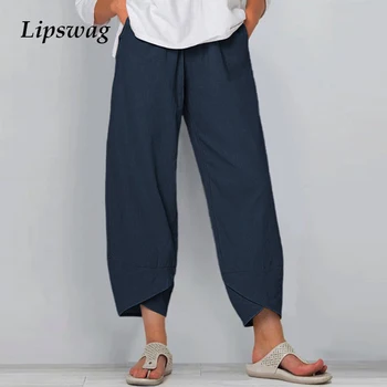 

Vintage Cotton Linen Print Pants Women Summer Elastic Waist Trousers Pantalon Casual Asymmetrical Loose Cropped Pants Oversized