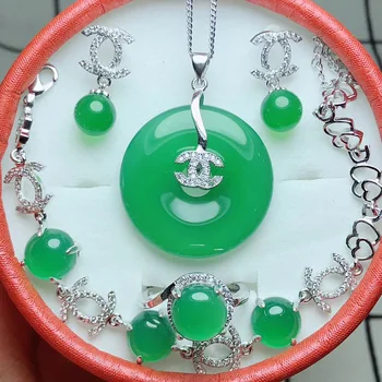 

High Jewelry Natural Chalcedony Jewelry Set Pendant Ring Earring Bracelet Female 925 Silver Jewelry Set