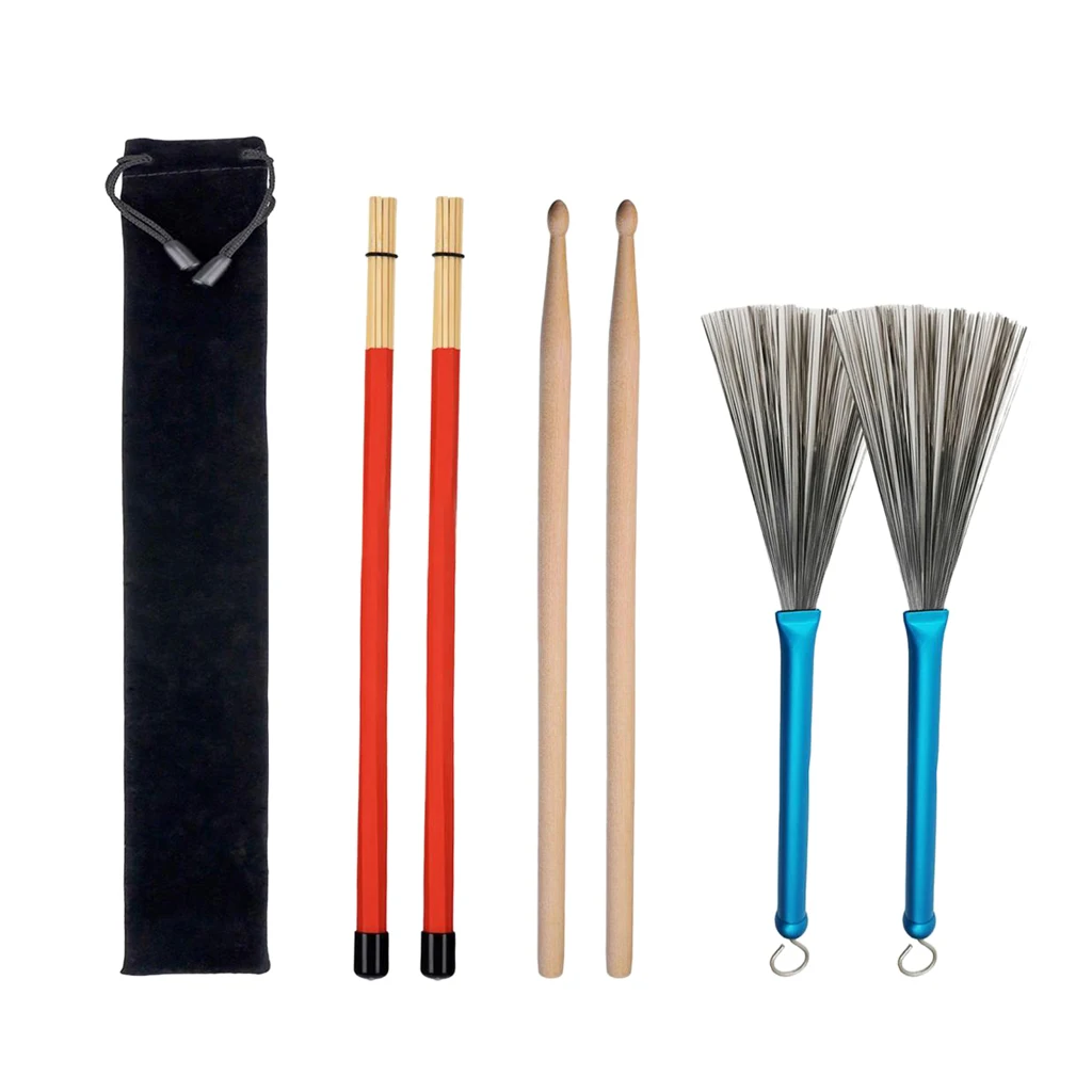 Drum Wooden Drumsticks + Wire Brushes + Rod Brush Sticks W/ Flannelette Bag