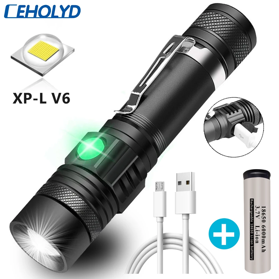 XP-L V6 LED super light with zoom waterproof flashlight 4 lighting modes multi-function USB charging work | Лампы и освещение